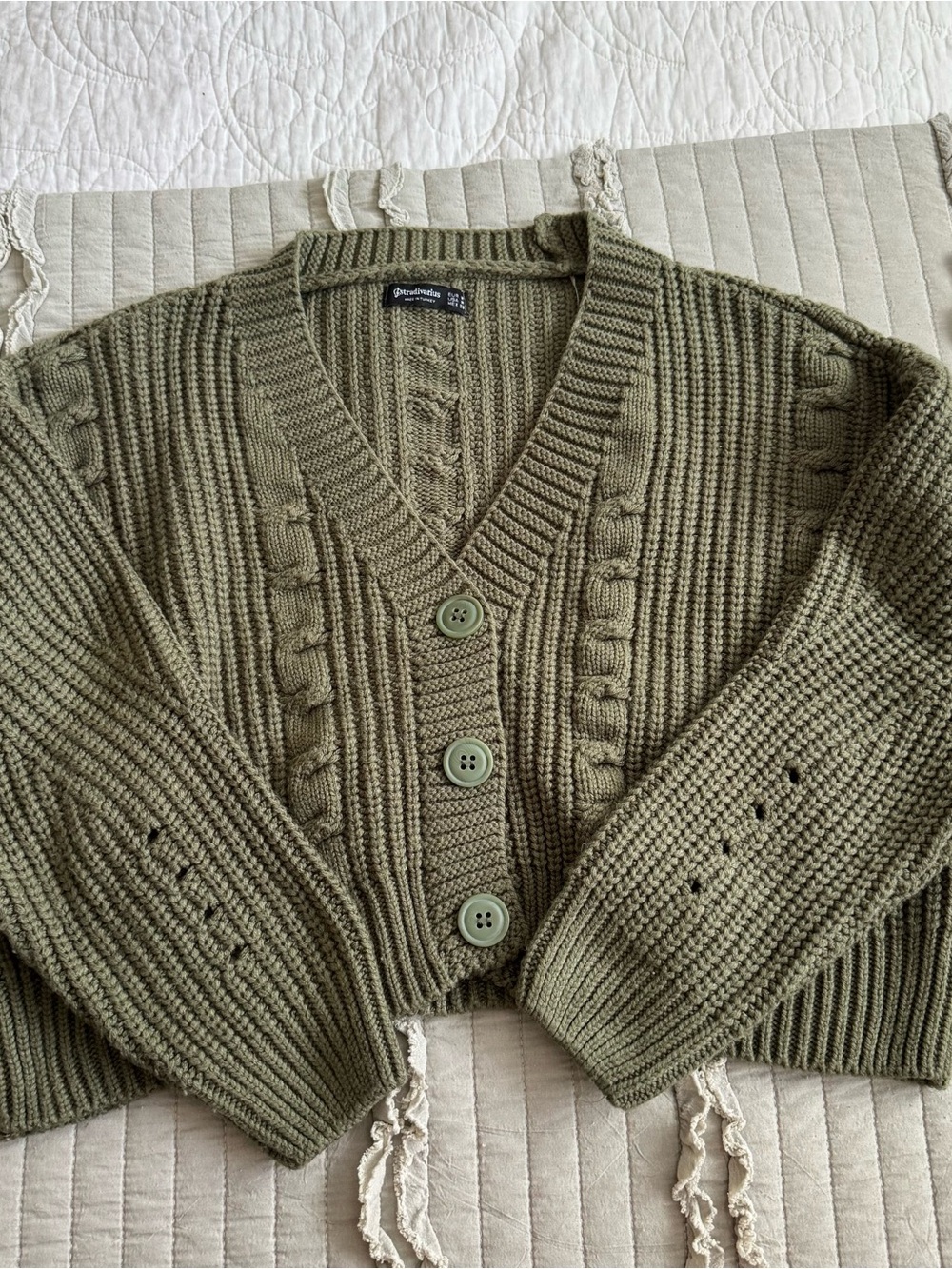 Olive Green Chunky Cable Knit Cardigan - Stradivarius
